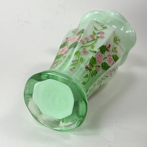 Cased Milk Green Glass Vase Hand Painted Pink Roses Floral Flower Ruffled Top - Picture 5 of 11
